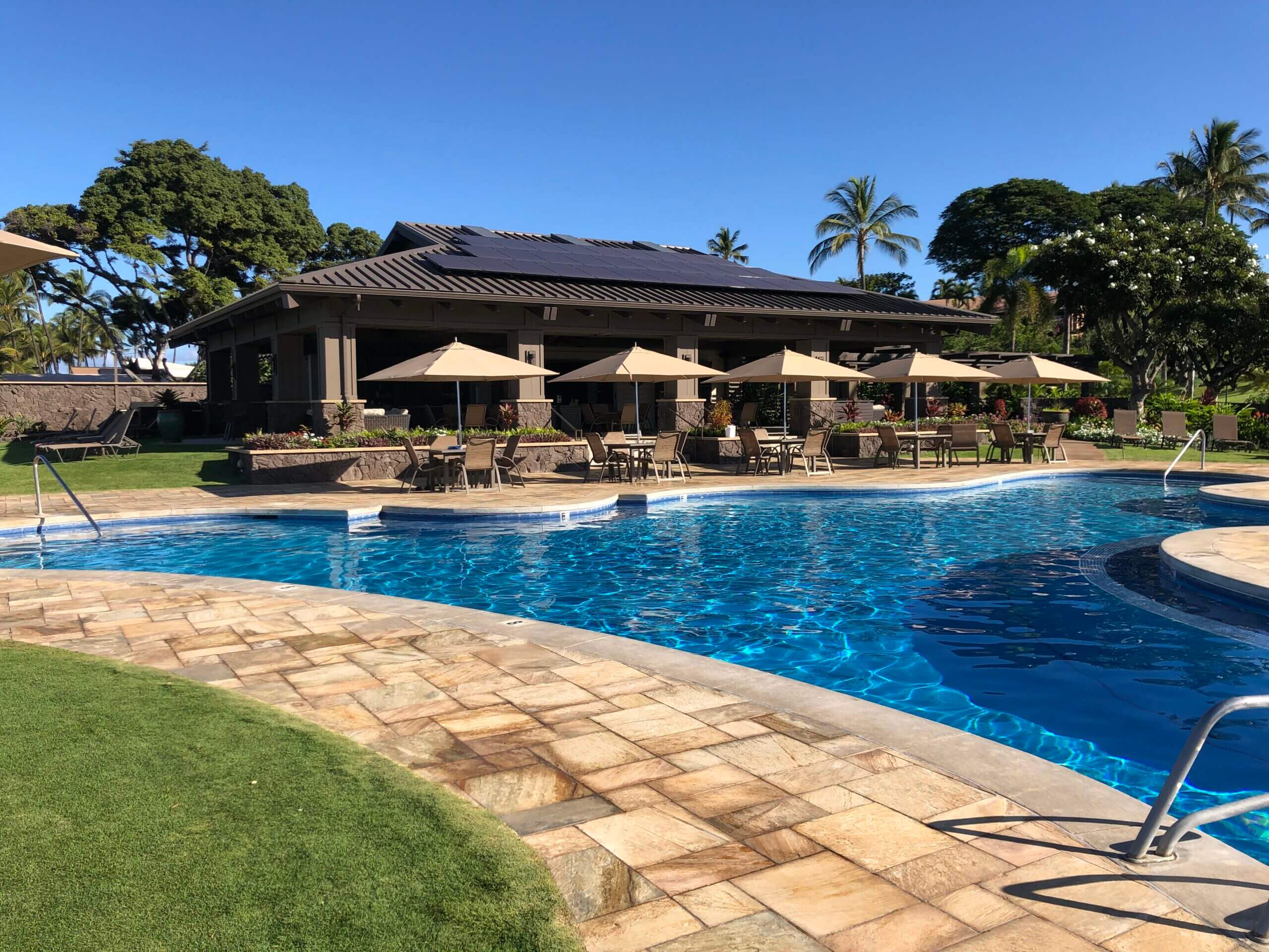 Luxurious poolside area with sun umbrellas and lounge chairs beside a large swimming pool.